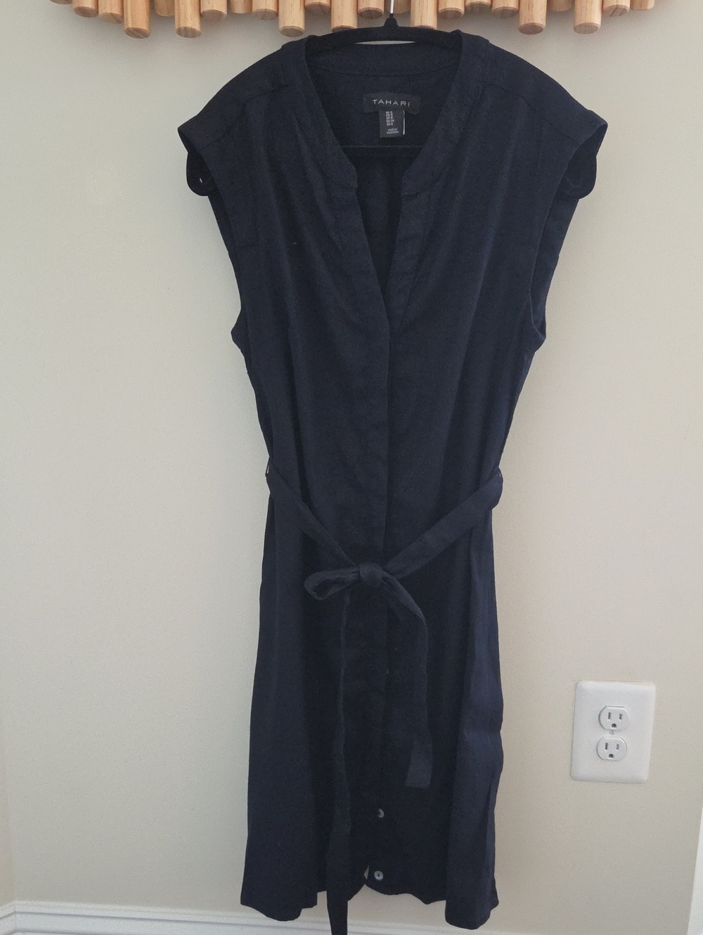 Tahari Dark Navy Sleeveless Belted Dress, Linen Blend